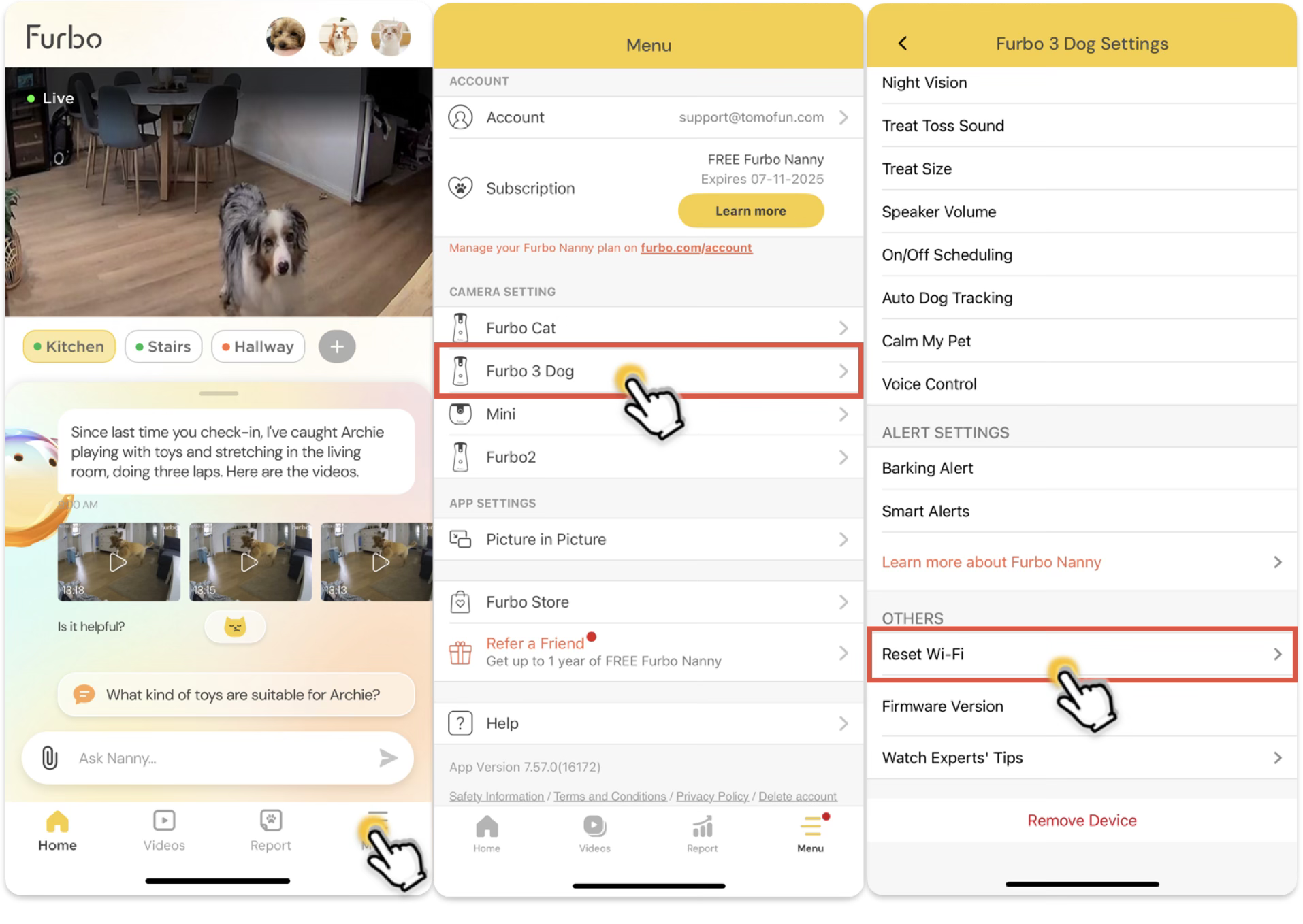 The Furbo app interface showing steps to reset Wi-Fi: the home screen with a live dog feed, the menu where “Furbo 3 Dog” is selected, and the settings screen where “Reset Wi-Fi” is highlighted.
