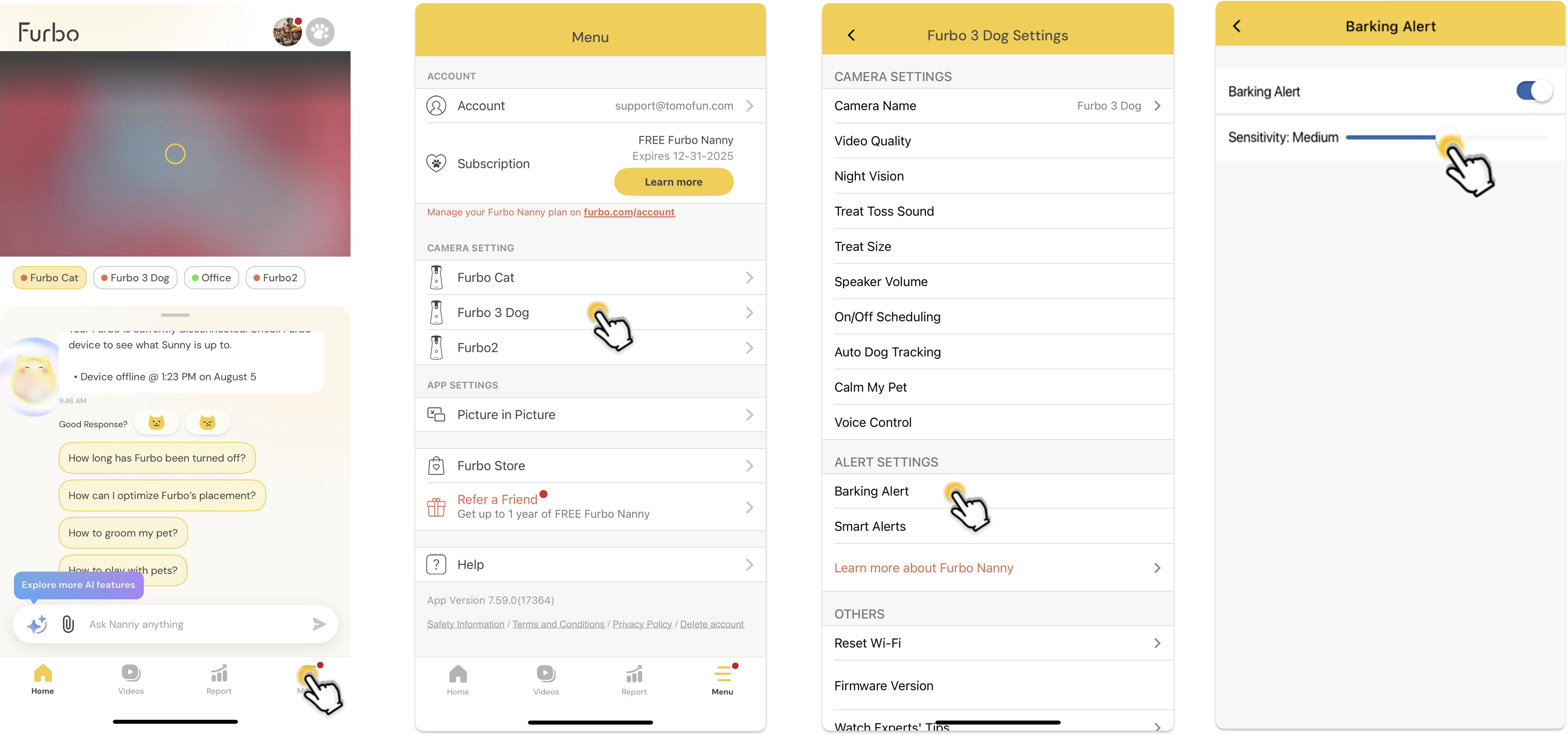 Furbo app walkthrough showing how to adjust Barking Alert sensitivity: open the menu from the home screen, select ‘Furbo 3 Dog,’ go to Barking Alert under settings, and adjust the sensitivity slider