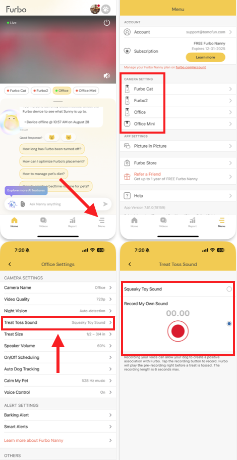 Furbo-App mit Anleitung/Schritt wie man den Leckerli-Sound einstellt