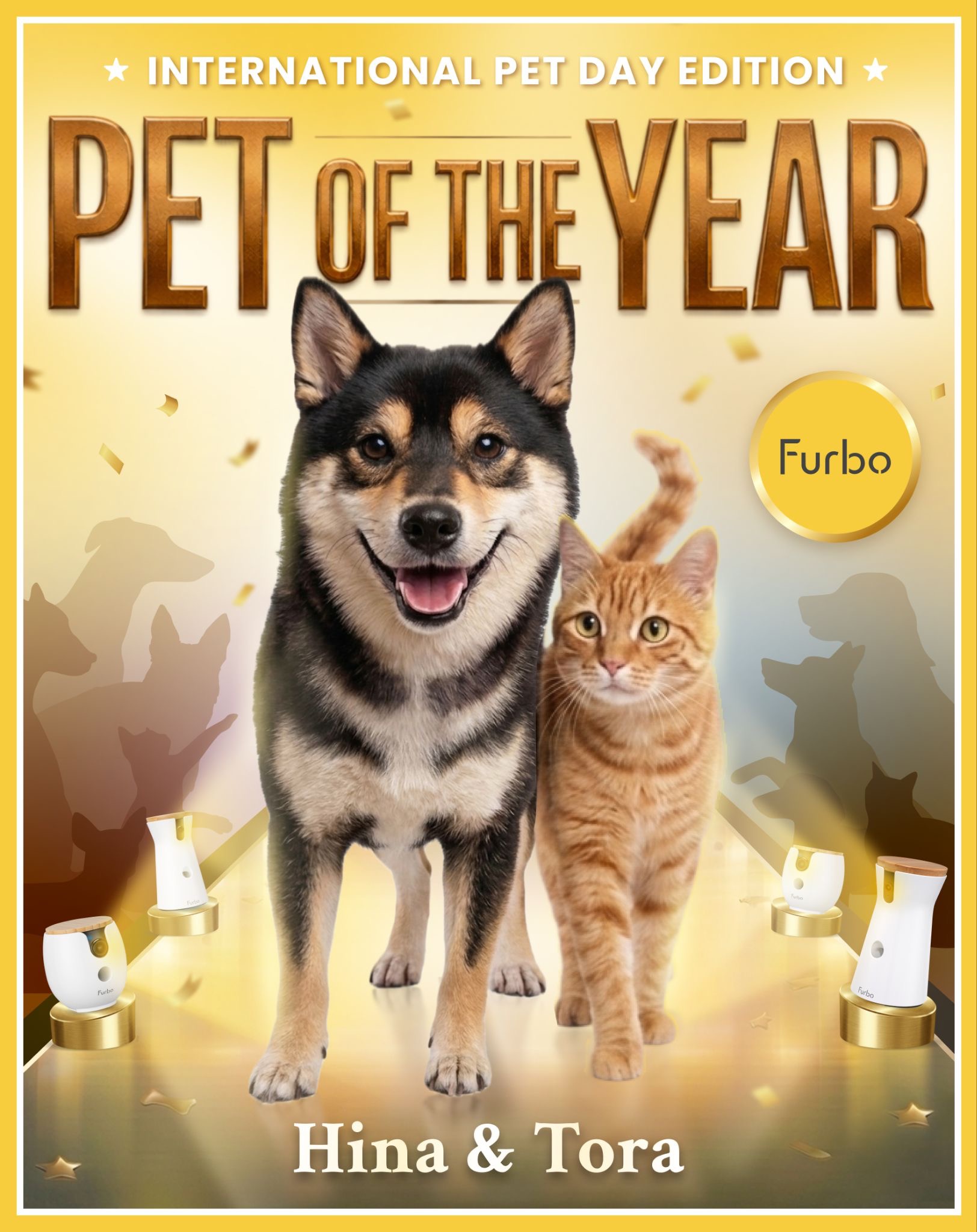 Dog and cat on a golden runway featured as “Pet of the Year” with the names Hina and Tora.